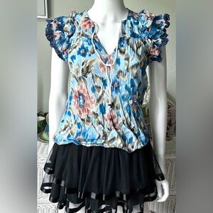 House of Harlow 1960 100% Cotton Pullover Top Ruffled Sleeves in Blue Size XS